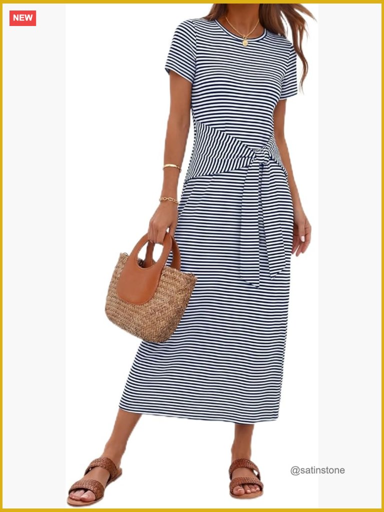 Summer Maxi Dress Tie Waist Short Sleeve Casual Work Beach
